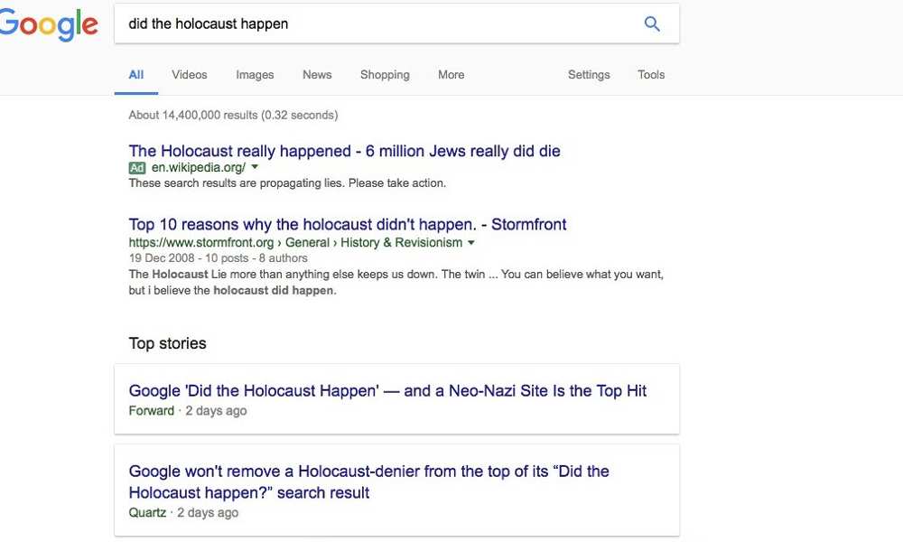 La recherche effectuée par « The Guardian » qui est à l'origine du mea culpa de Google - DR